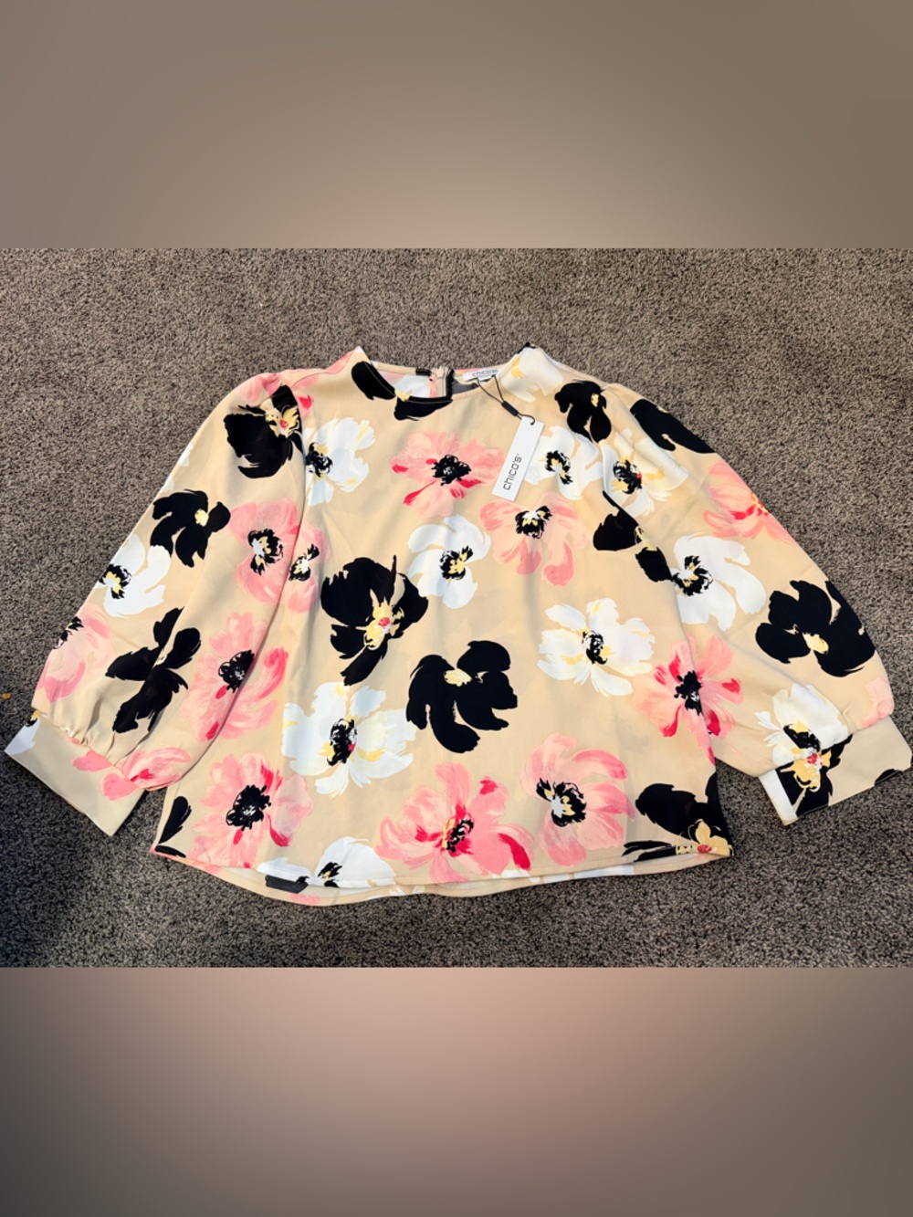 Chico's Beige Floral Blouse with Black, White & Pink Flowers